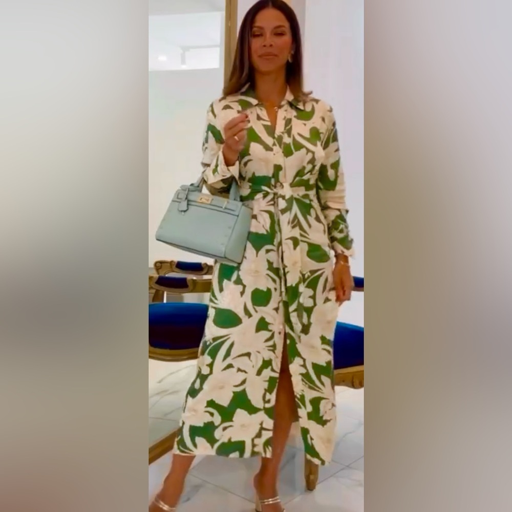 Gorgeous dress!! By Mango beautiful Green Brocade Print Dress NWT